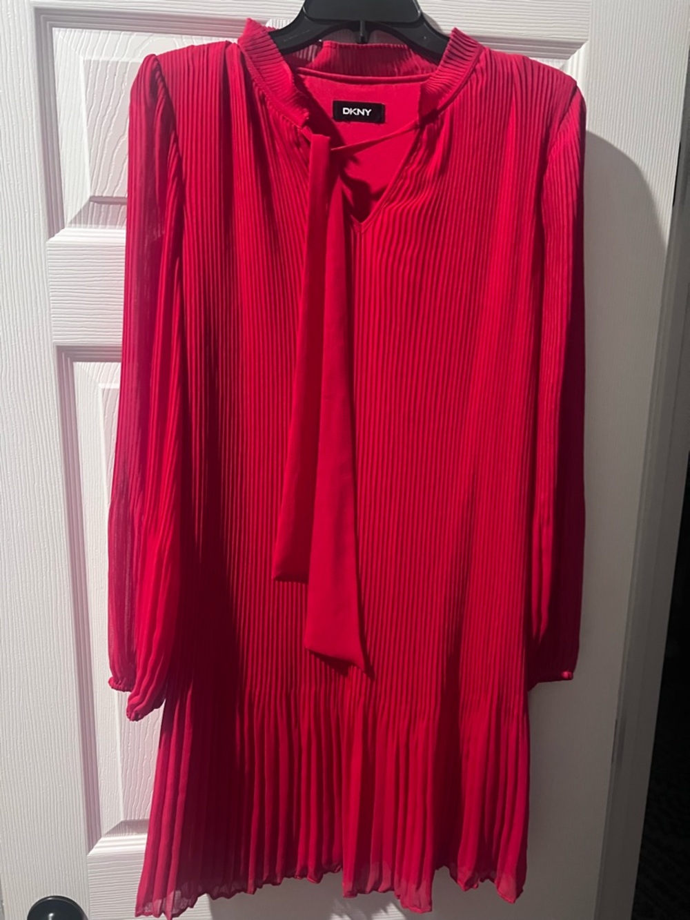 DKNY Red Long-Sleeve Pleated Tie-Neck Dress